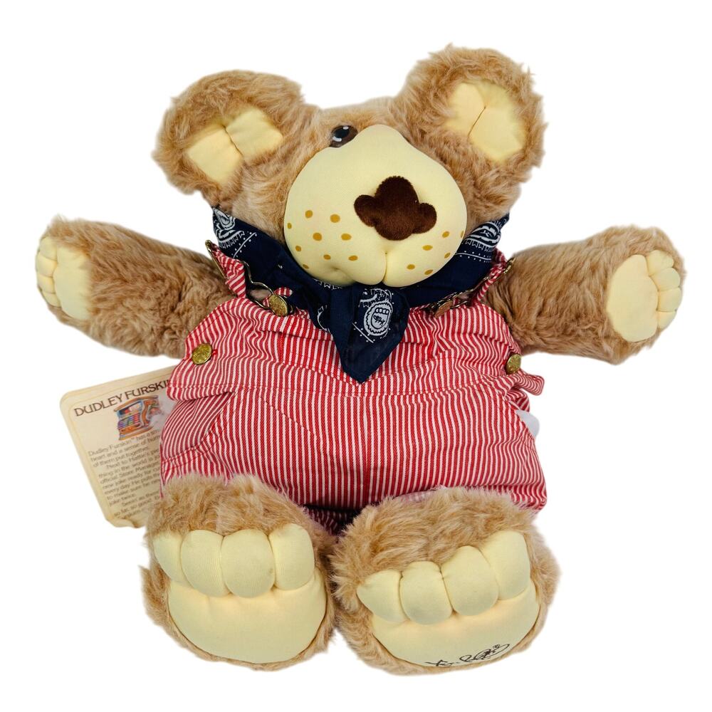 VTG 1984 Furskins 22" Dudley Bear Red Striped Overalls Bandana‎ Xavier Roberts